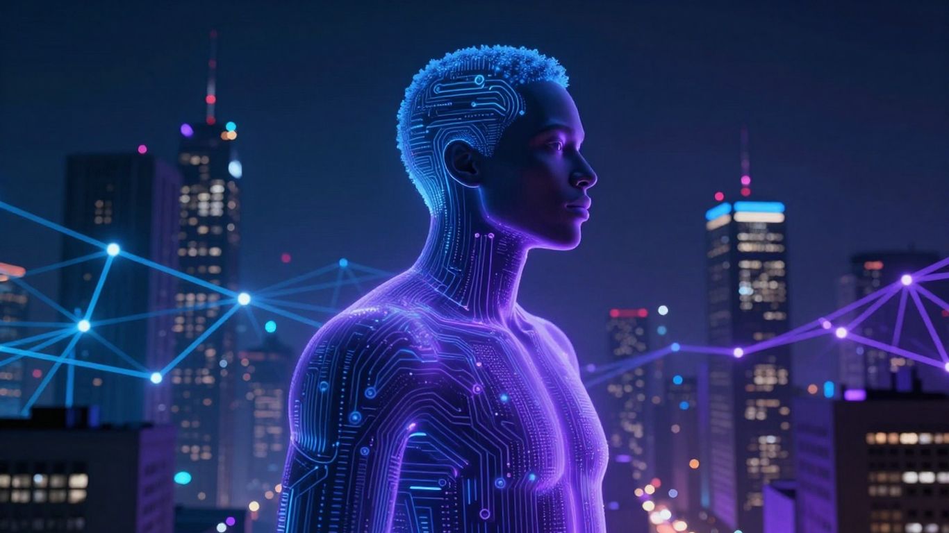 AI enhancing cold calling outreach in a futuristic setting.