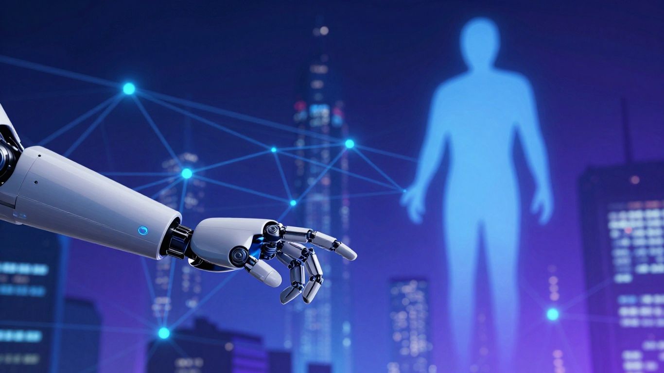AI robot arm interacting with human silhouette in futuristic city.
