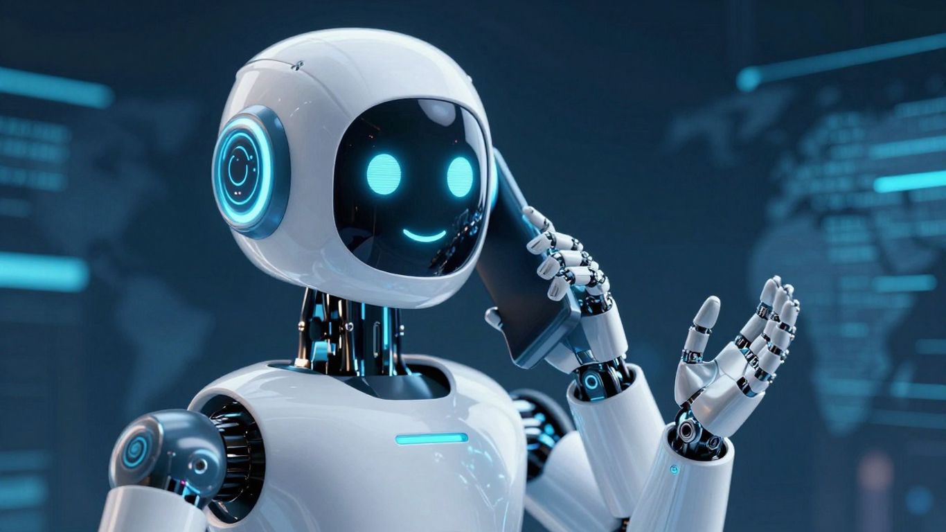 AI robot making a phone call with digital background.