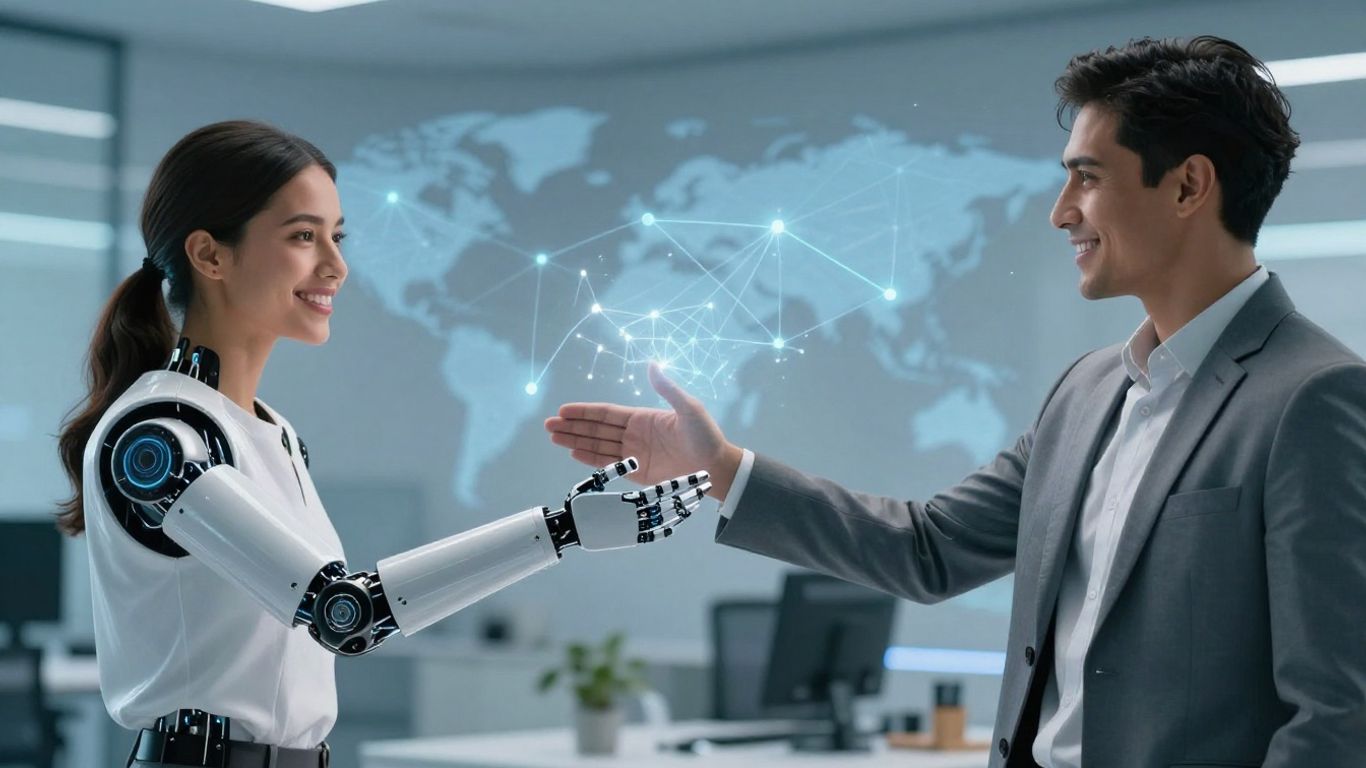 AI robot and human shaking hands in a futuristic office.