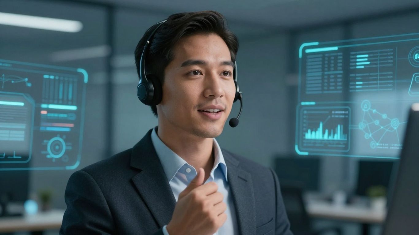 Person on headset with digital interfaces, AI cold calling