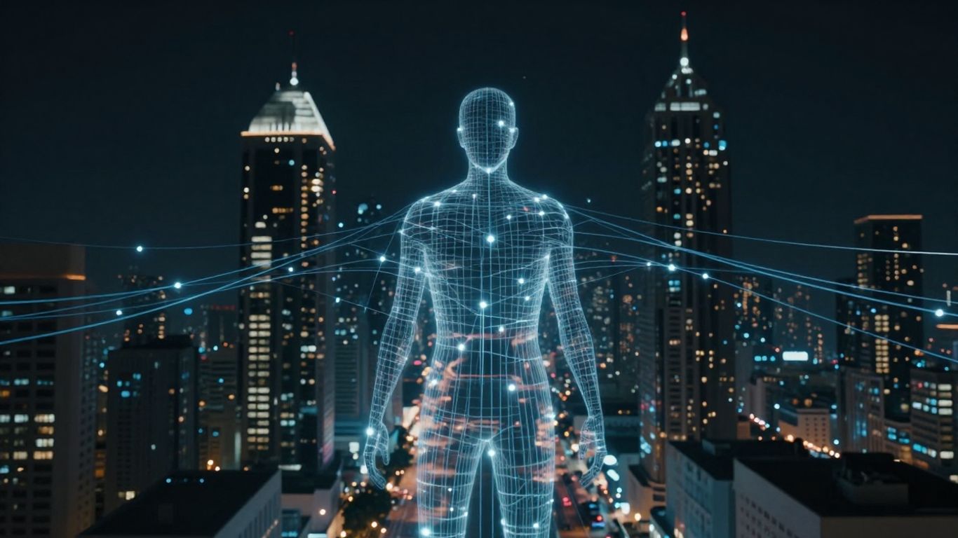 Futuristic cityscape with data streams and human silhouette.