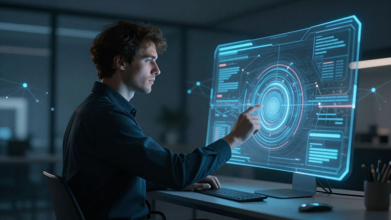 Person using AI calling technology in a modern office.