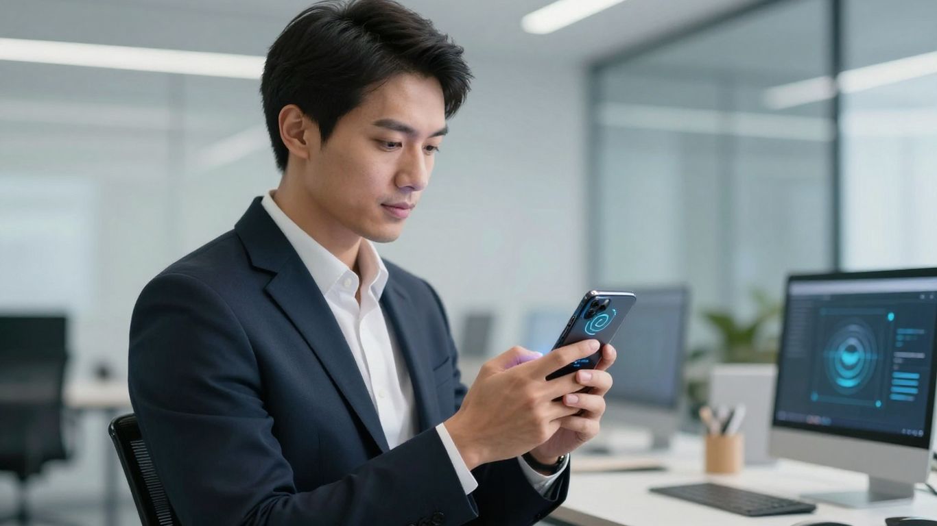 Professional using AI on a smartphone for calls.
