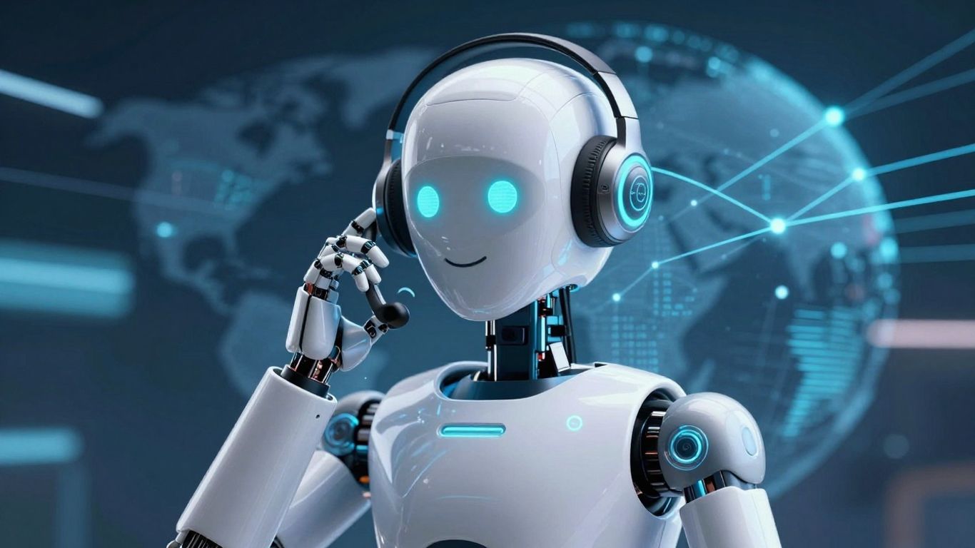 AI robot making a phone call with digital connections.