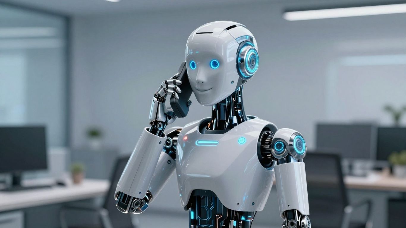 AI robot making a phone call in a modern office.