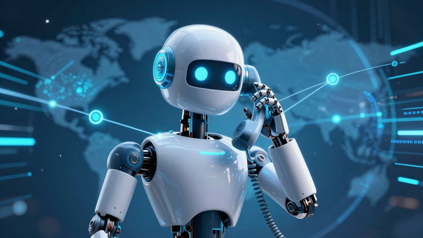 AI robot making a phone call with digital connections.