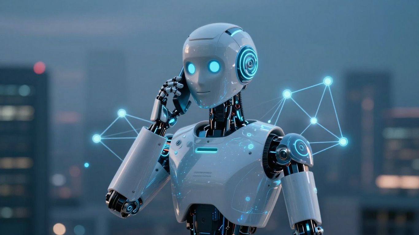 Robot making a phone call with digital connections.