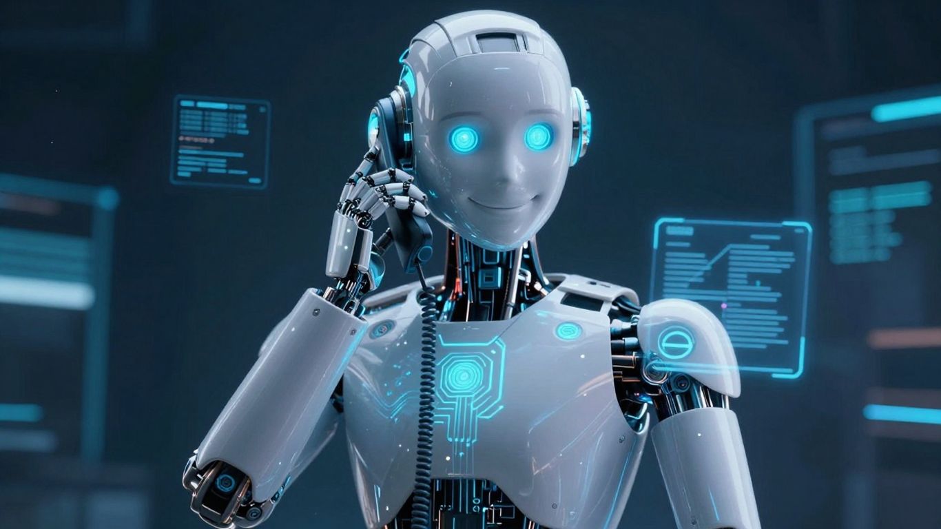 AI robot making a phone call with futuristic interface.
