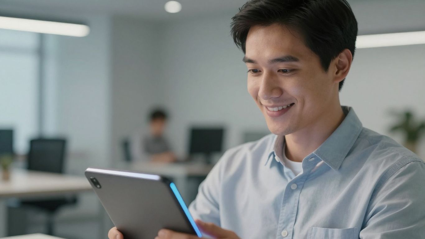 Person using AI answering service on a futuristic device.