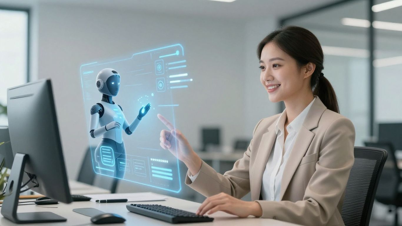 Small business owner interacting with AI answering service.