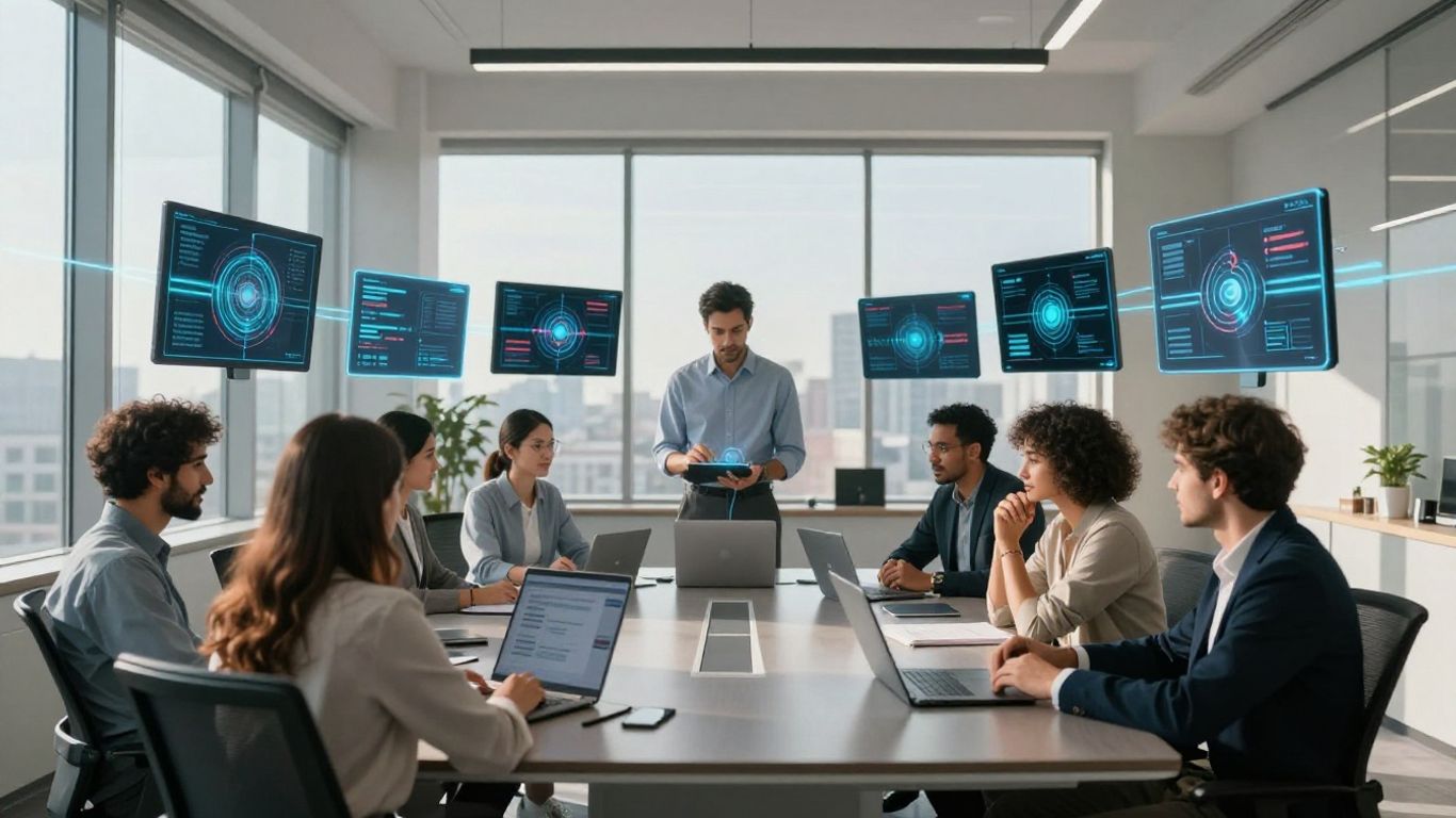 Business team using advanced AI calling service technology.