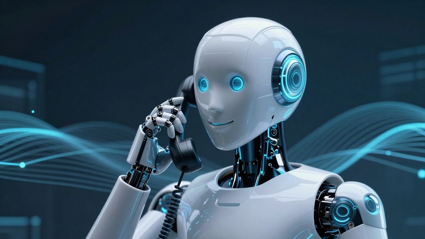 AI robot making a phone call with digital background.