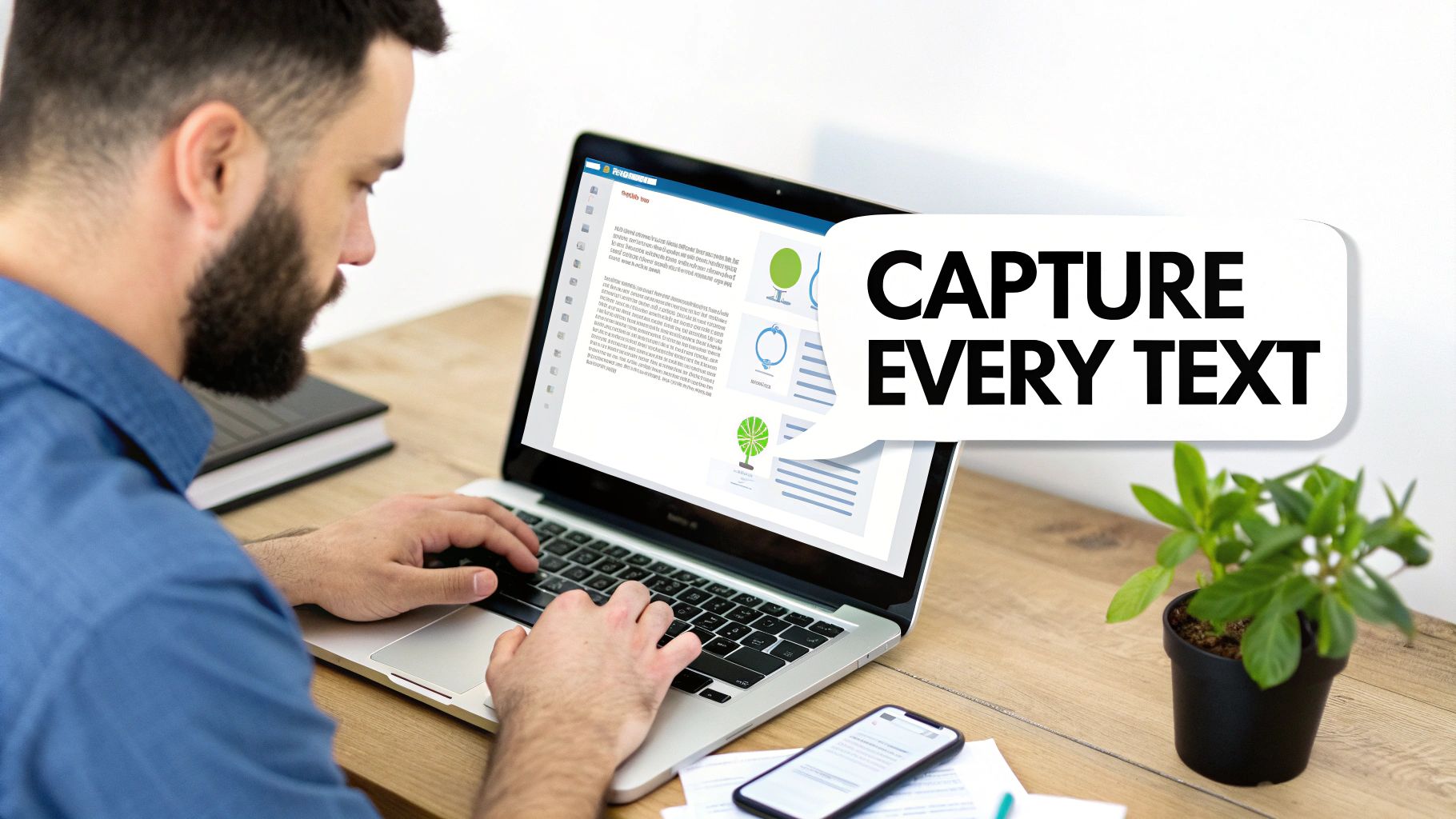 Bearded man typing on a laptop, displaying text content with a 'CAPTURE EVERY TEXT' bubble.
