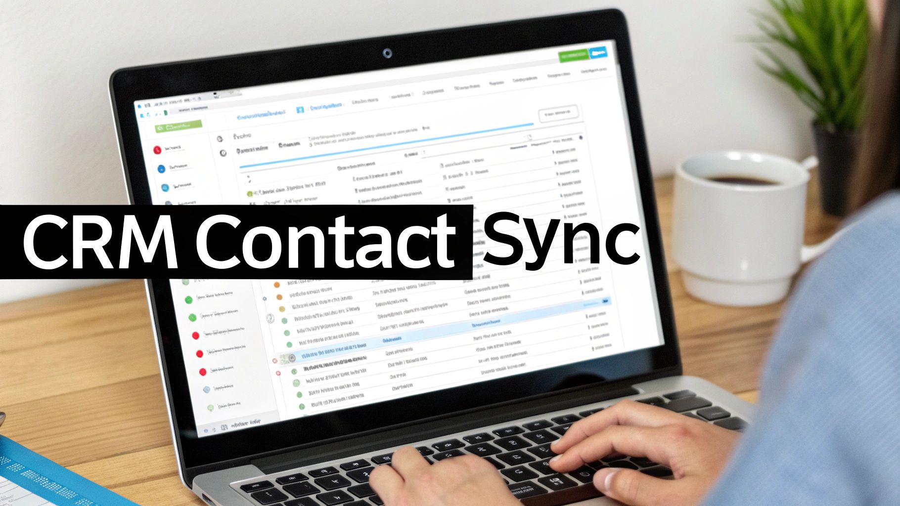 A person works on a laptop showing a CRM interface with 'CRM Contact Sync' prominently displayed.