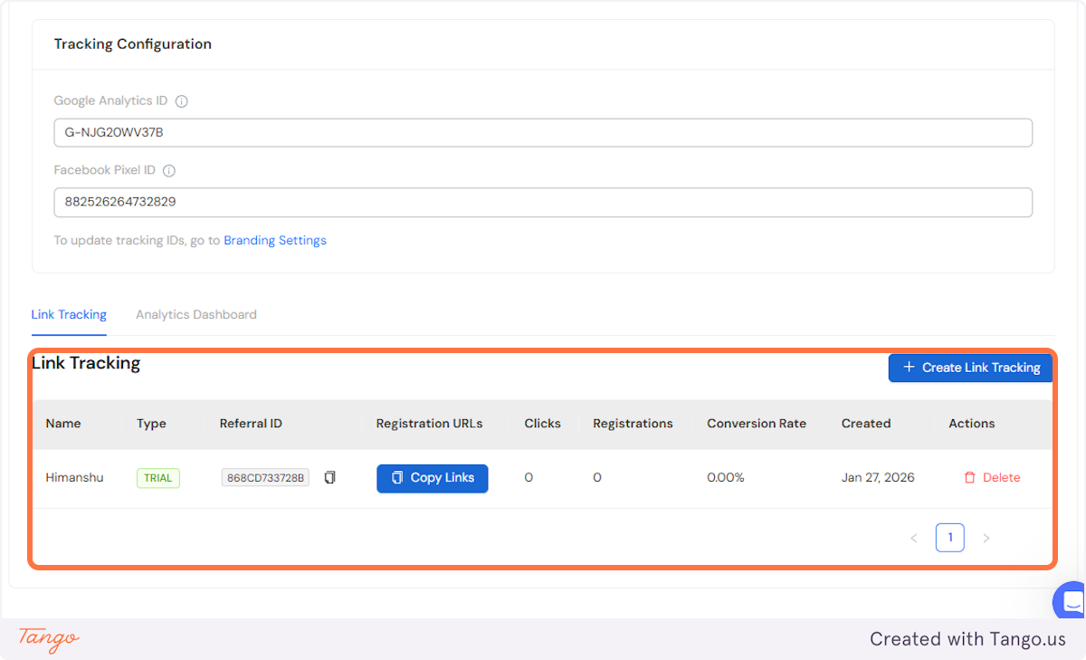 Once you've created your link, it will be visible in your dashboard.