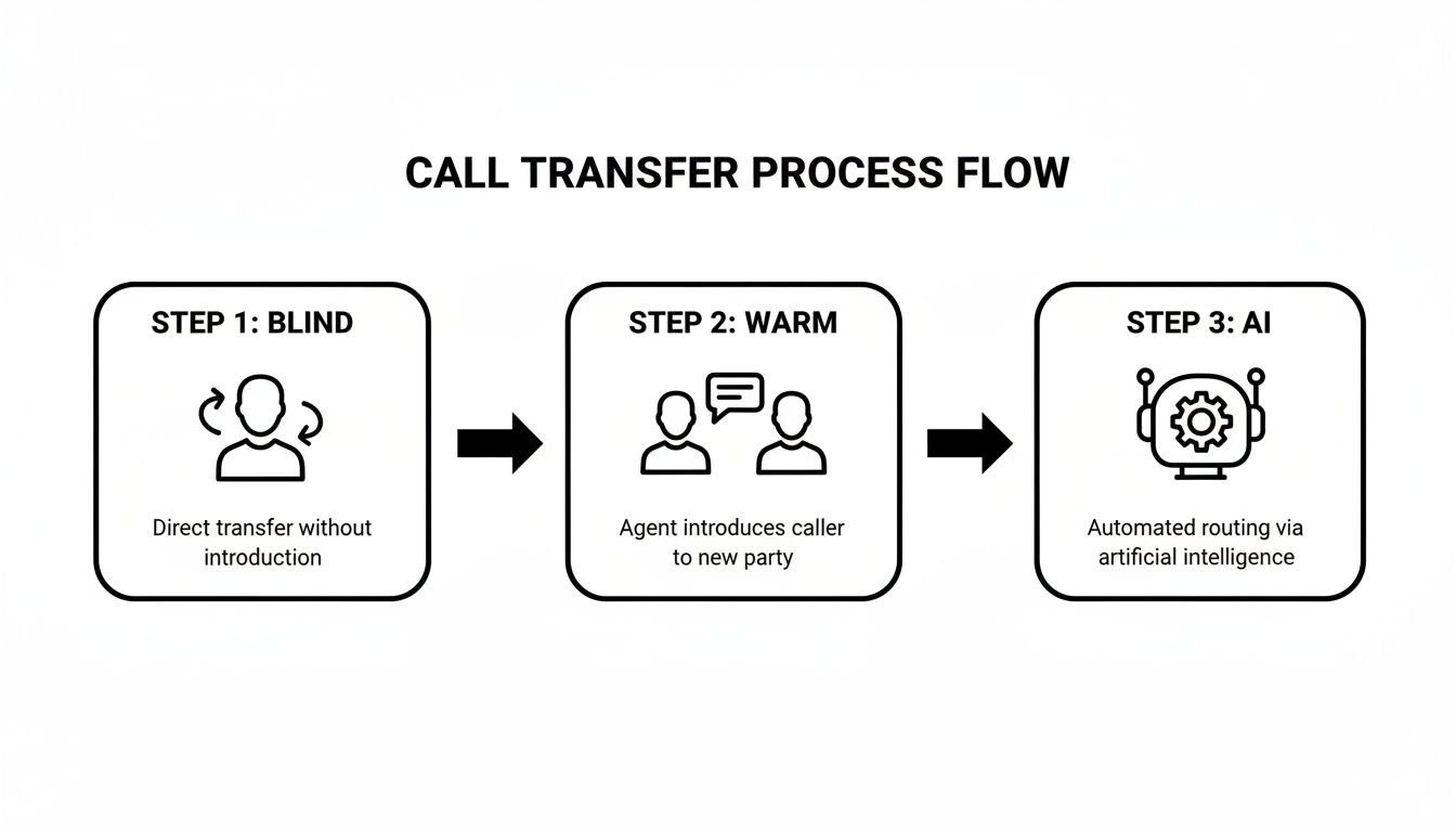 Flowchart illustrating three call transfer process steps: blind, warm, and AI-powered automated routing.