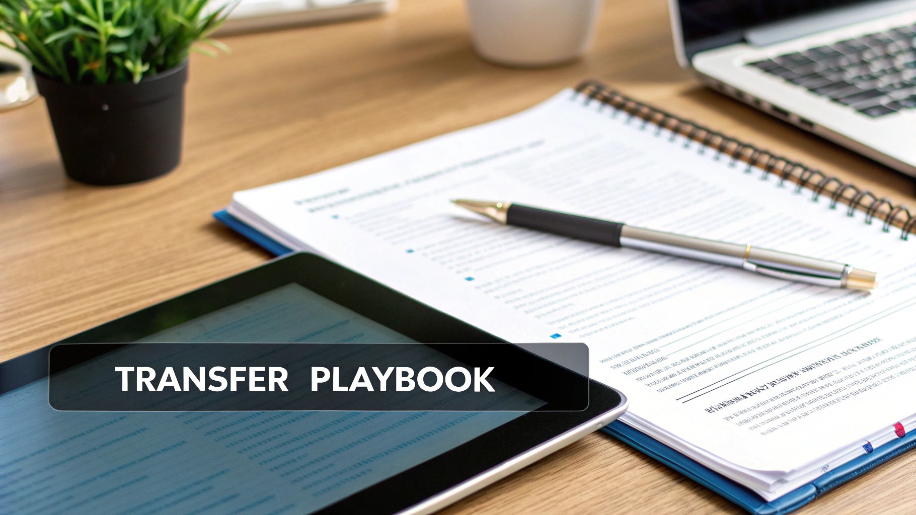 A tablet on a wooden desk displaying 'TRANSFER PLAYBOOK' with documents, a pen, and a laptop.