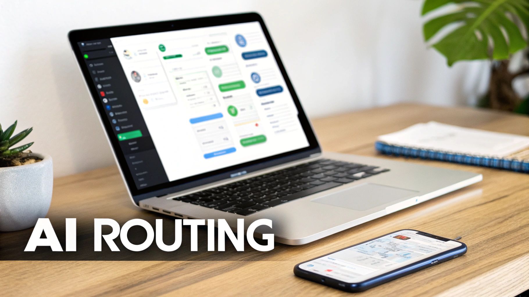 A laptop and smartphone on a wooden desk, displaying a dashboard with 'AI ROUTING' text.