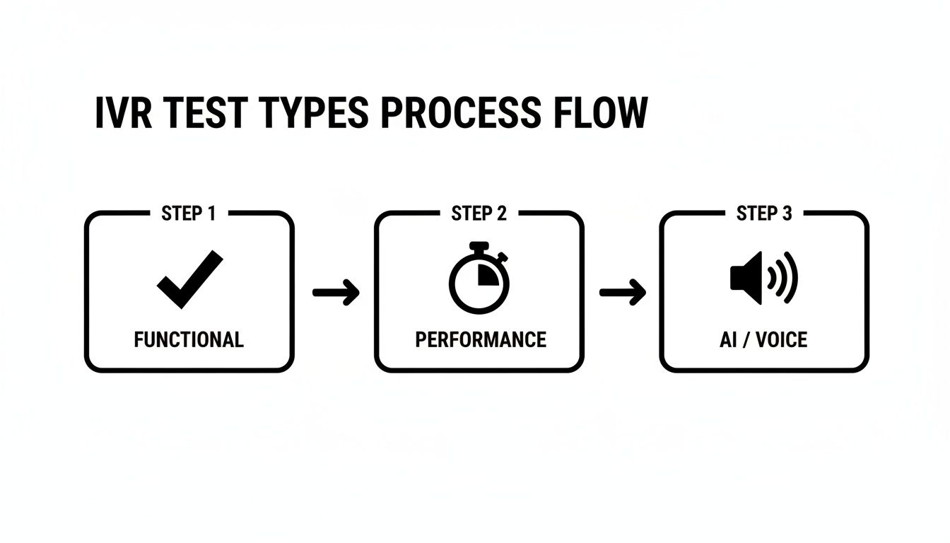 IVR test types process flow showing functional, performance, and AI/voice testing steps.