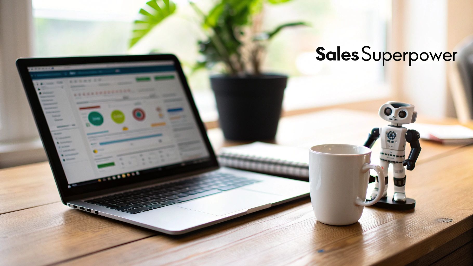 A laptop displays a sales dashboard next to a coffee mug and a robot figurine on a wooden desk.