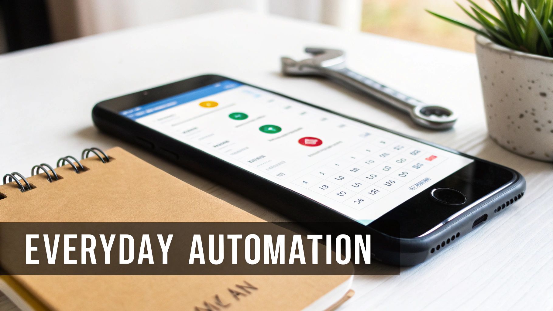 A smartphone displays a scheduling app, alongside a notebook, wrench, and plant, emphasizing everyday automation.