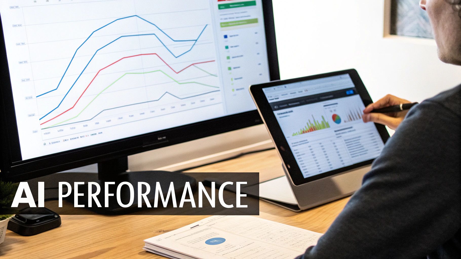 A person analyzes AI performance metrics on a computer monitor and tablet with various data visualizations.