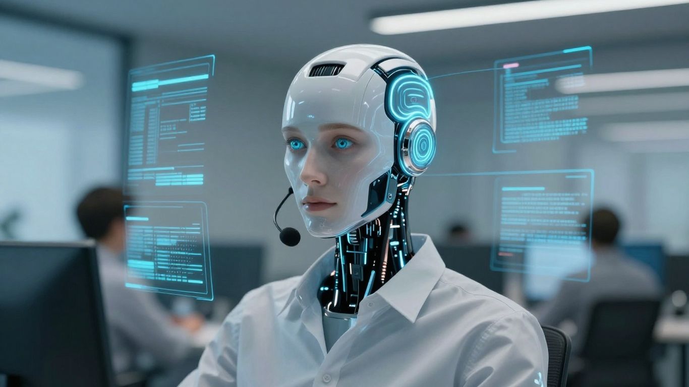 AI call center agent with digital data streams.