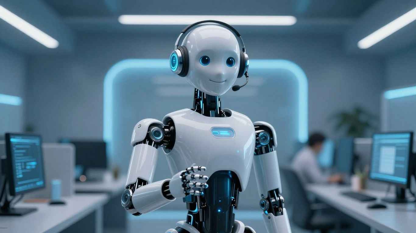 AI robot agent in a modern call center with headset.