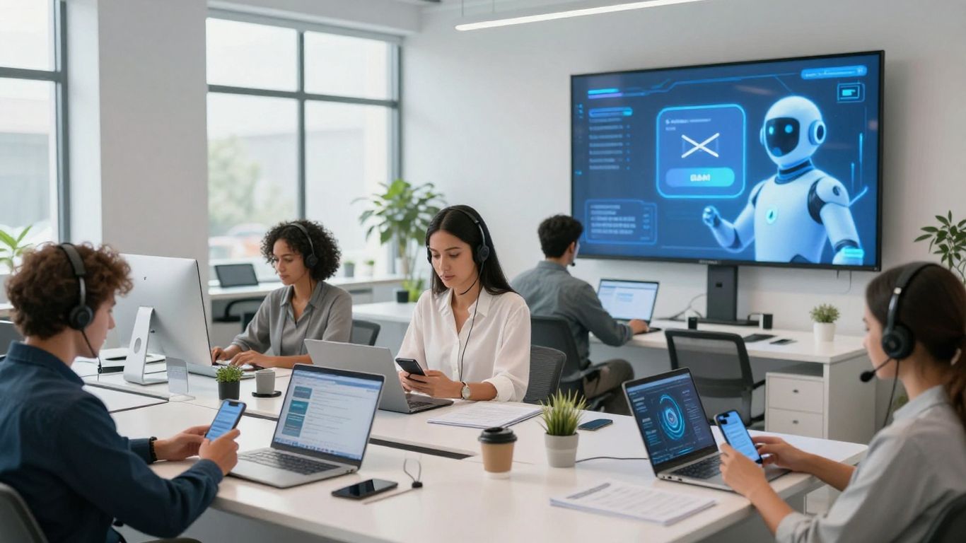 People using AI-powered voicemail in modern office setting.