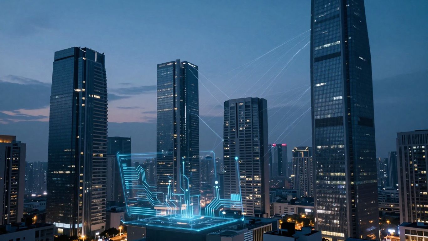 Futuristic cityscape with AI integration and glowing digital streams.