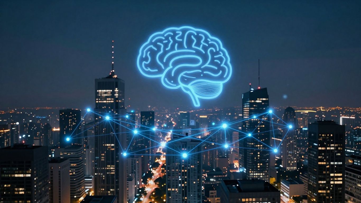 Futuristic cityscape with AI brain icon.