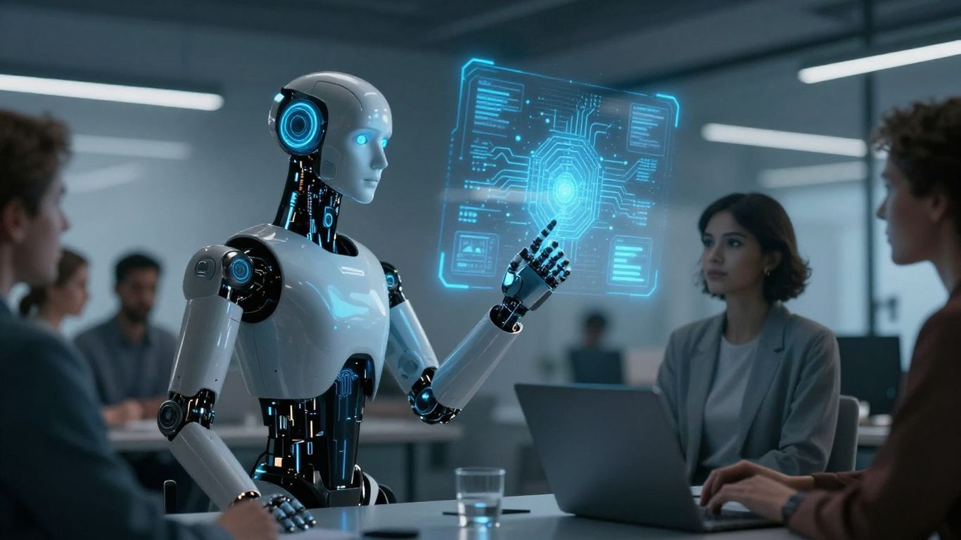 AI robot assisting people with holographic interface.