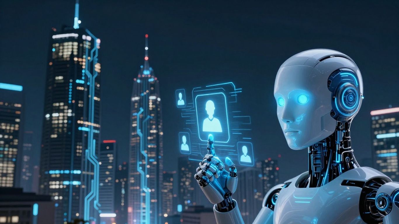 AI robot head interacting with customer service icons