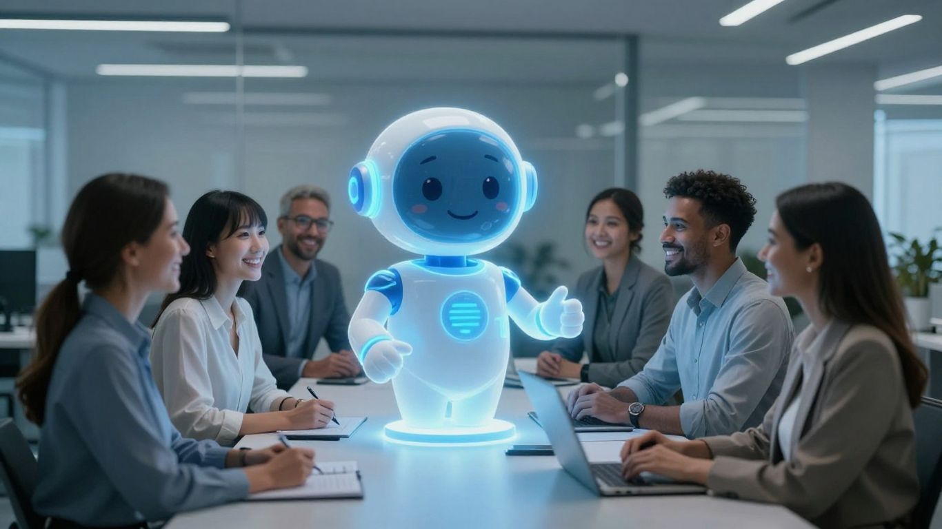 AI virtual assistant helping smiling customers in an office.