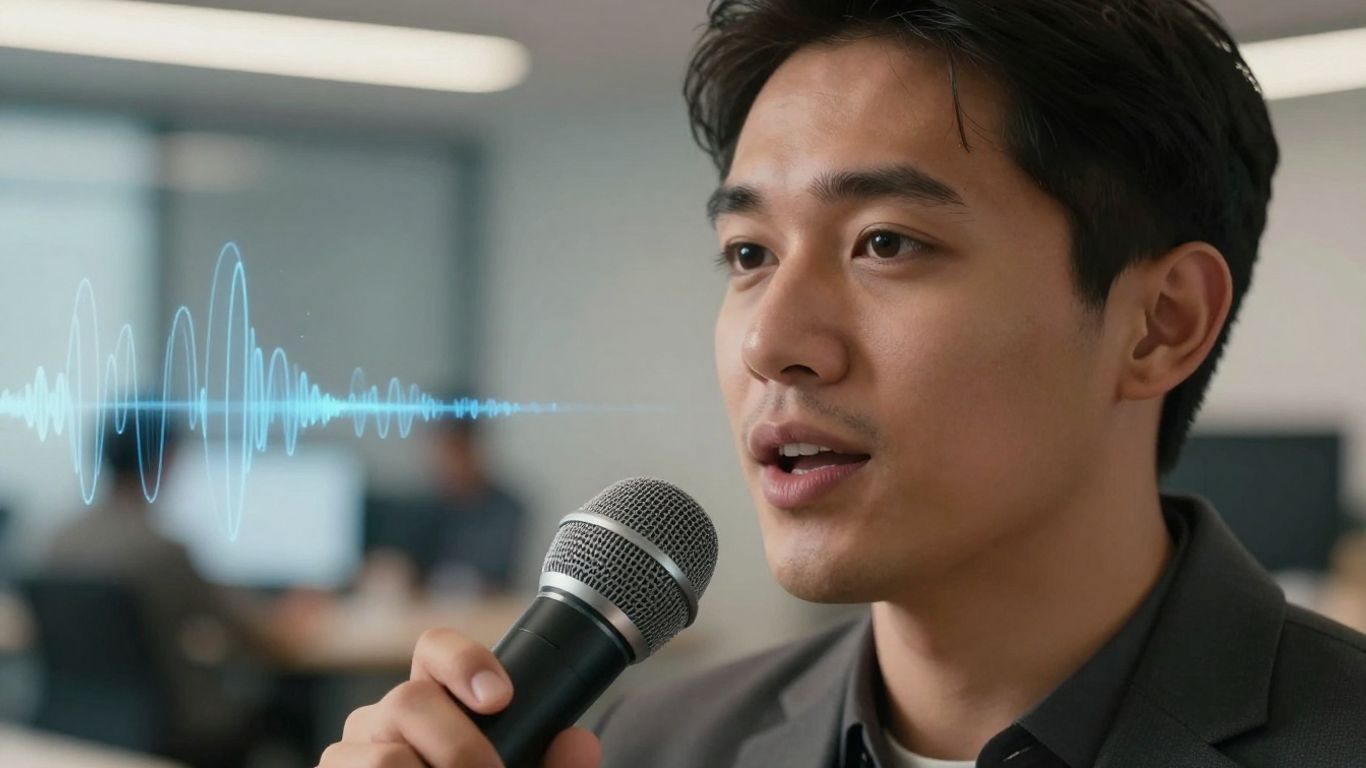 Person speaking into a microphone with sound waves.