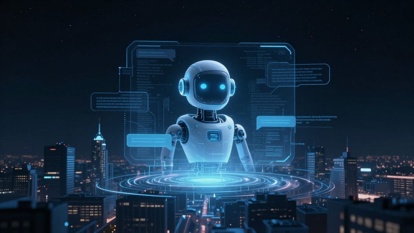 AI chatbot interface above digital cityscape