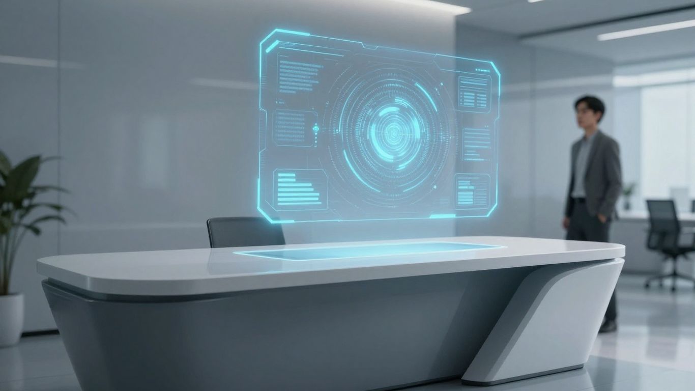 AI receptionist hologram in a modern office.