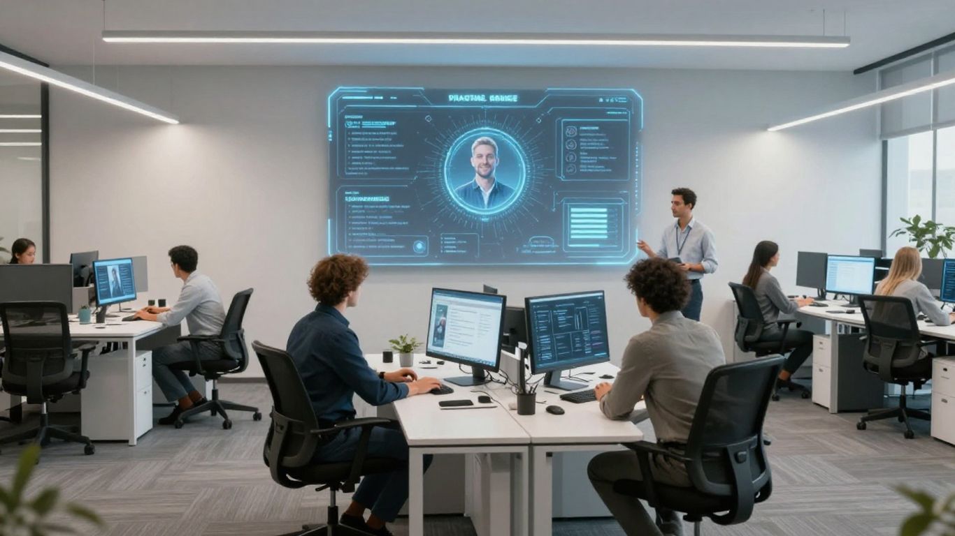 AI customer service software interface in a modern office.