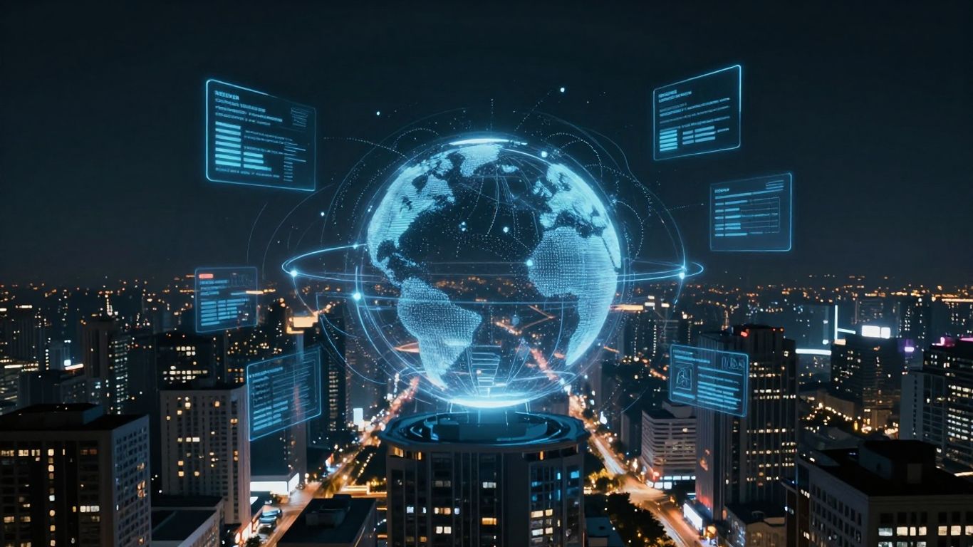 AI customer service tools interface with futuristic cityscape.