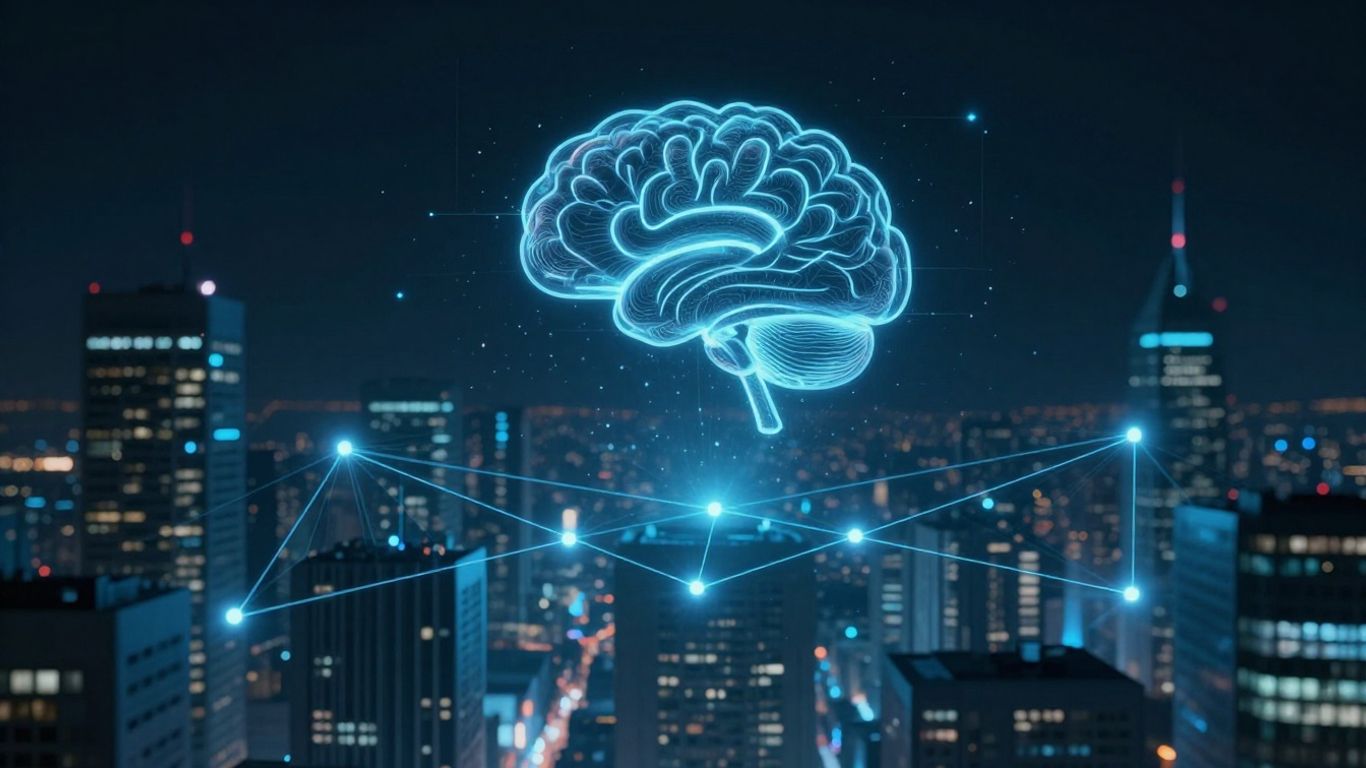 AI brain connecting futuristic cityscape for customer service.
