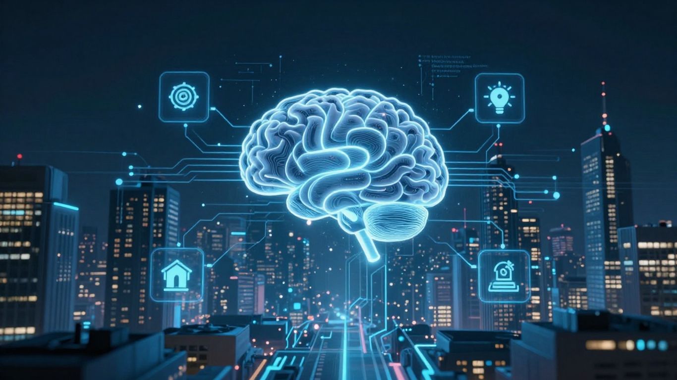 AI brain connecting to customer service icons.