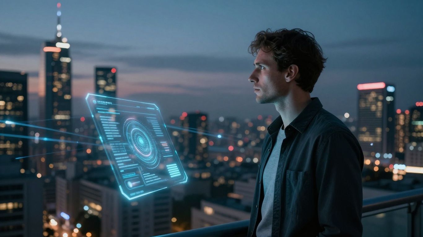 AI interface connecting futuristic cityscape at dusk.