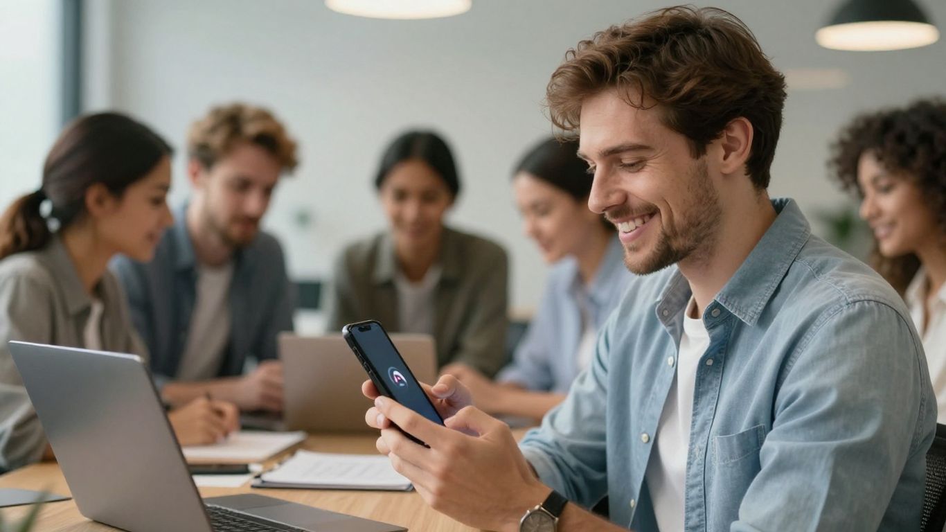 Business team using smartphone with incoming call notifications.