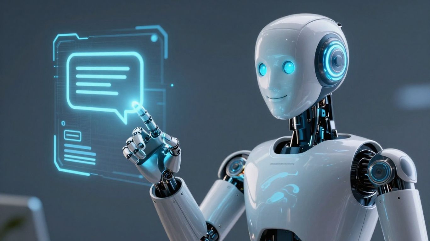 AI robot interacting with a holographic chat interface.