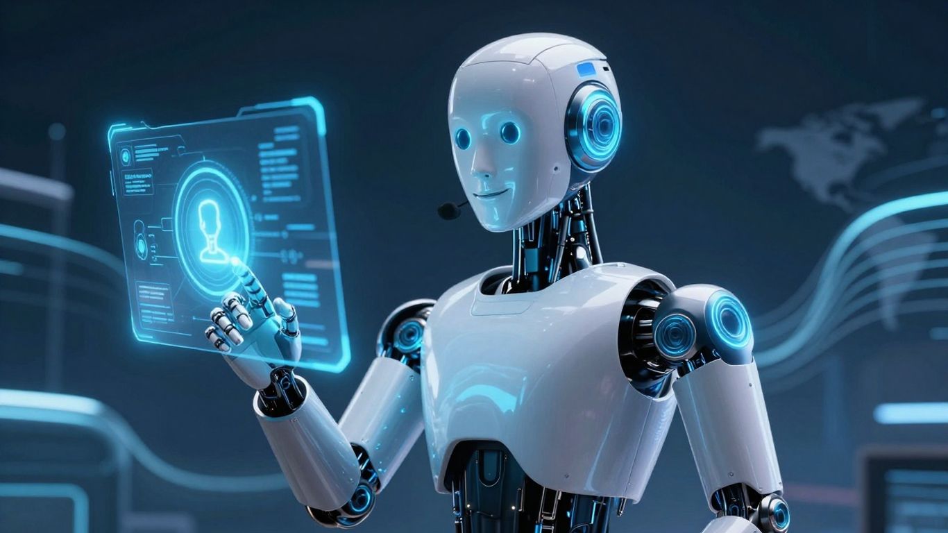 AI robot assisting customers with glowing digital interfaces.