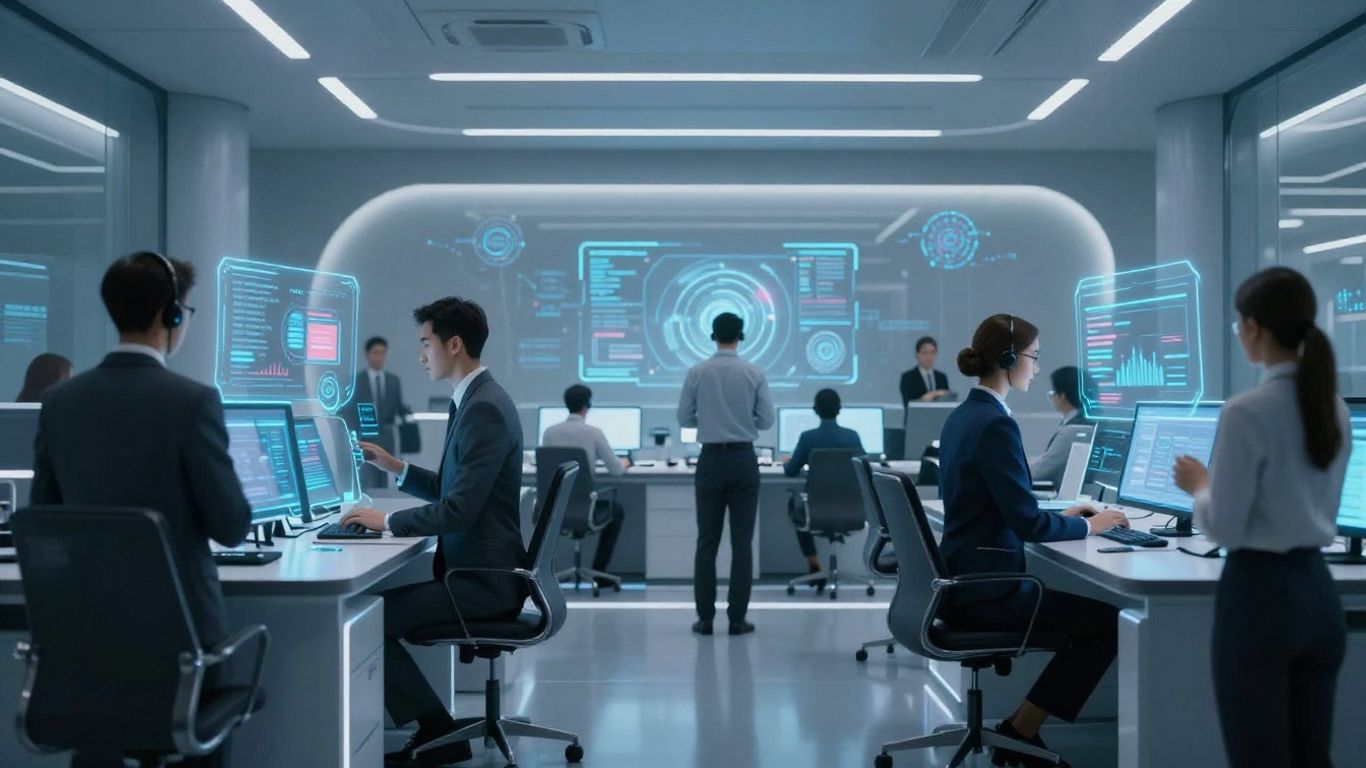 Futuristic call center with AI integration.