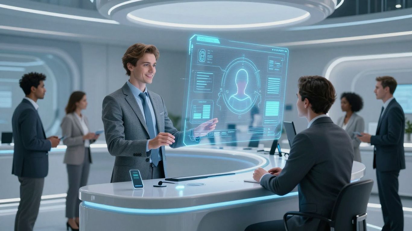 AI customer service desk with holographic assistant and people