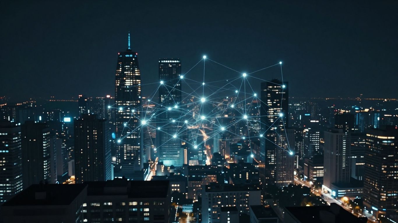 Futuristic cityscape with glowing communication lines and AI aura.