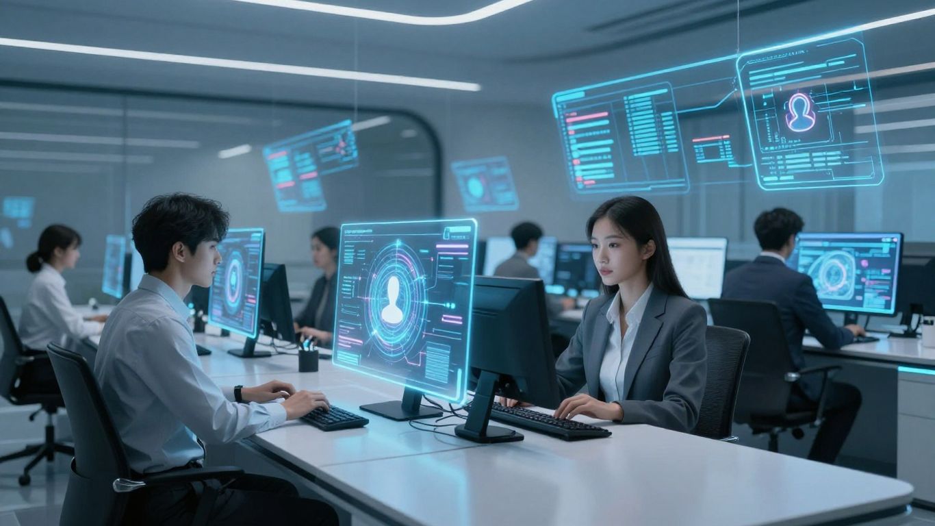 AI transforming a modern call center with futuristic technology.